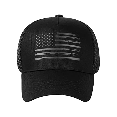 Baseball Cap, American Flag Trucker Hat for Men Women, Breathable Adjustable Fit Outdoor Mesh Snapback Hats - color: Black/Black Flag