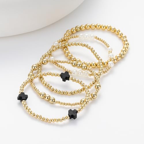 Gold Beaded Pearl Cross Bracelets Stackable Christian Stretch Jewelry Set - color: Black