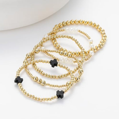 Gold Beaded Pearl Cross Bracelets Stackable Christian Stretch Jewelry Set - color: Black