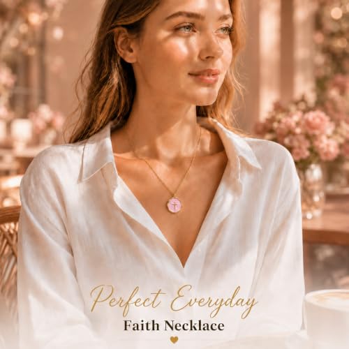 Enamel Cross Necklace for Women 18K Gold Plated Christian Pendant - color: Pink