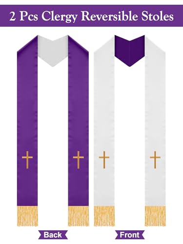 Eurzom 2 Pcs Reversible Clergy Stole with Cross Tassels - color: White,purple