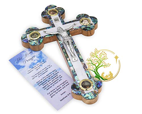 XLarge Handmade Mother of Pearl wall cross inlaid over Olivewood- Modern Religious Home wall décor - Unique Wooden crucifix for all occasions