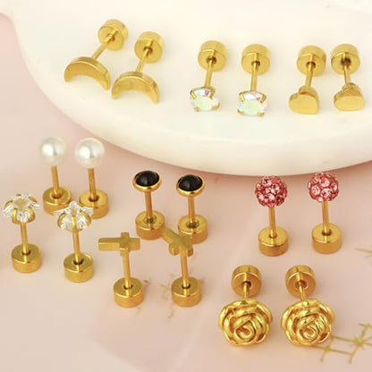 Stainless Steel Stud Earring 1 Pair Gold Small Flatback Earrings Helix Hypoallergenic Flat Back Jewellery Dainty Screwback Tiny Jewelry for Sensitive Ears Women Ladies Aretes De Mujer - style: Hollow Round