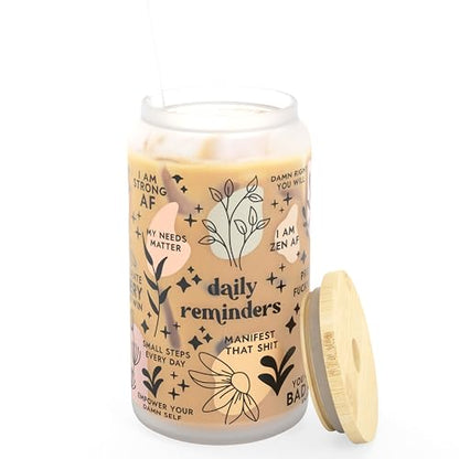 Daily Affirmation Iced Coffee Cup [Frosted], Glass Cups with Bamboo Lids and Straws | 16 oz Mason Jar Drinking Glasses & Boba Cup | Glass Tumbler with Straw and Lid Mental Health [Vulgar Edition] - color: Affirmation (Vulgar)