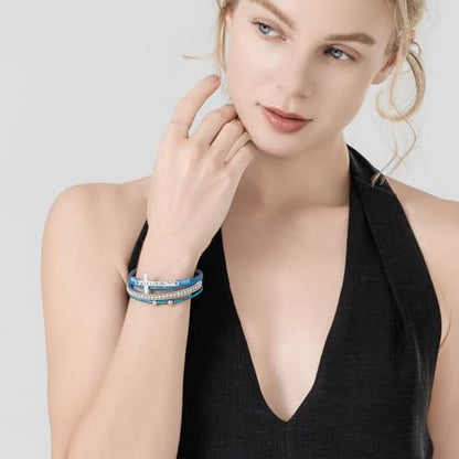 Christian Cross Leather Bracelets Boho Western Blessing Religious Jewelry - color: Royal Blue