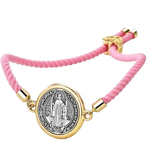 Catholic Bracelets St. Benedict Bracelet Red Rope Double Hole Pendant Couple Woven Bracelets Adjustable Black Bracelet - color: pink