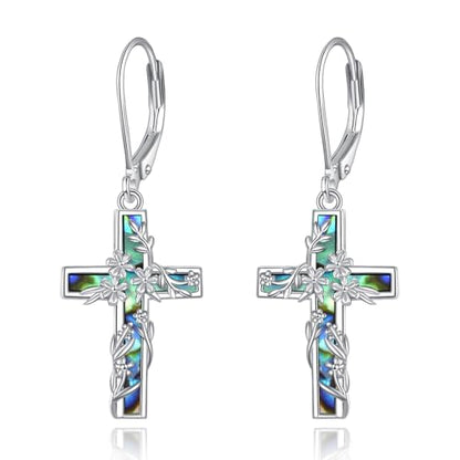 Flower Cross Earrings 925 Sterling Silver Cross Dangle Drop Leverback Religion Jewelry Birthday Gifts for Women