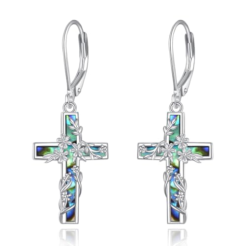 Flower Cross Earrings 925 Sterling Silver Cross Dangle Drop Leverback Religion Jewelry Birthday Gifts for Women