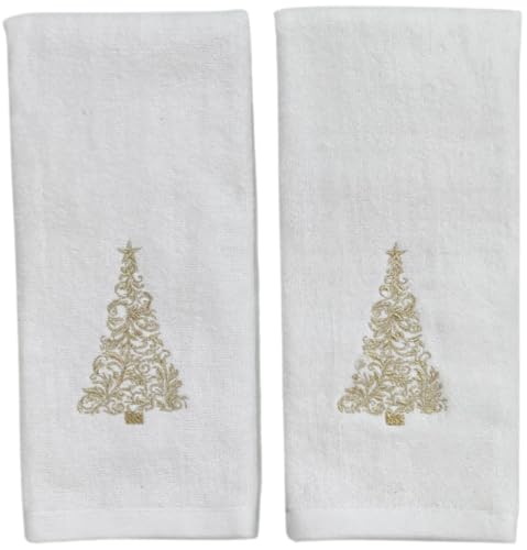 Christmas White Guest Hand Bathroom Towels, Elegant Gold XMas Tree, 16x26" - color: Gold Tree