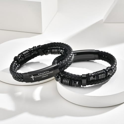 Men's Cross Bracelet Handsome Inspirational Quote Bible Verse Engraved Black Braided Leather Bracelets for Men Religious Jewelry Christmas Baptism Confirmation Christian Gifts for Son Husband Man - style: 06: Be strong,Brave,fearless