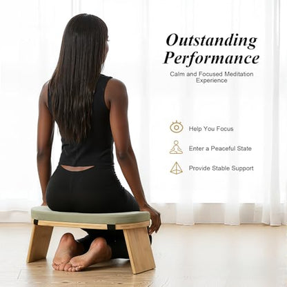 Folding Bamboo Meditation Bench, Ergonomic Portable Kneeling Meditation Stool with Soft Meditations Cushion Comfortable Foldable Prayer Bench for Deep & Longer Meditations (Green) - color: Green