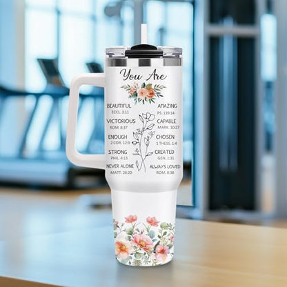 Christian Gifts for Women, 40oz Religious Butterfly Floral Tumbler with Handle, Christ Faith Bible Verse Insulated Travel Mug, Inspirational Spiritual Mother's Day Present for Mom Grandma Sister - color: Religious-D-356-E