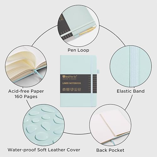 &And Per Se Lined Journal and Pen Set, A5 Leather Hardcover Notebook with Pen & Stationary Set, 160 Pages 100GSM Thick Ruled Paper Journal for Business Work Writing (Cyan) - color: Cyan