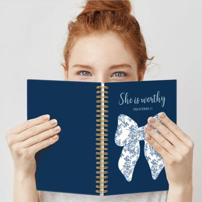 She Is Worthy Proverbs Lined Spiral Notebooks Gifts for Christians - color: Multi & Blue & White