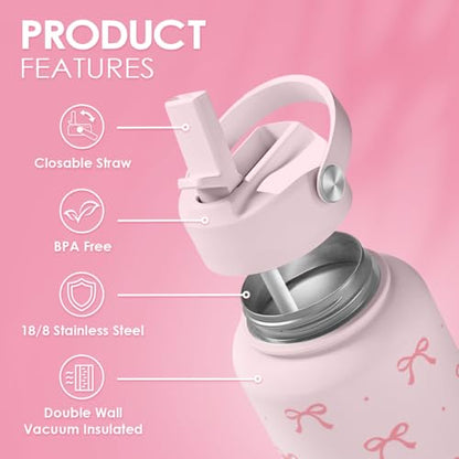 Pink Bow Water Bottle Stainless Steel Insulated Vacuum 32oz with Lid, Gifts for Women Girls Teens Birthday Christmas - color: Coquette Pink Bow