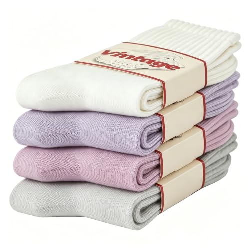 DAUCO 4 Pairs 98% Cotton Socks for Men Women Crew Seamless Fall Slouchy Socks - color: 4 Pairs - White+grey Purple+purple+light Grey, size: 5-10