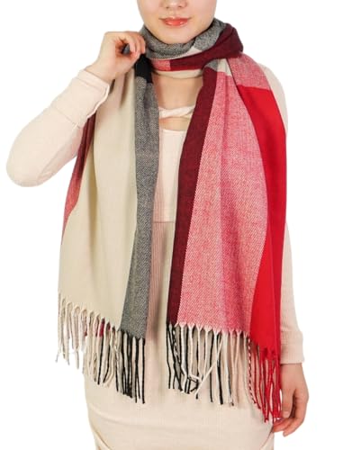 Wander Agio Women's Fashion Long Shawl Big Grid Winter Warm Lattice Large Scarf - color: Black Camel Red 15