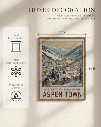 WHASAYART Winter Aspen Town Snow Scene Art Framed Canvas Christmas Wall Art - color: Aspen Town