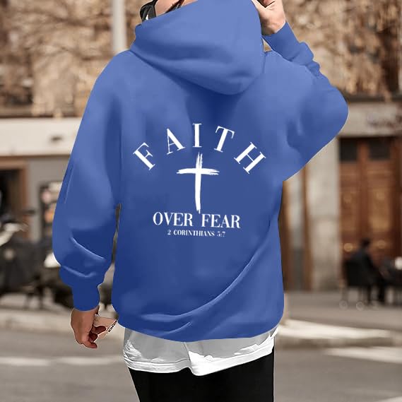 Men Faith Over Fear Christian Cross Graphic Pullover Hoodie - color: Blue, size: Large