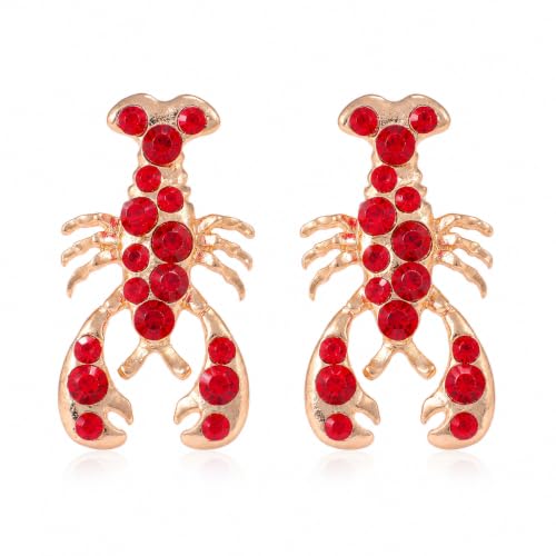 Creative Exaggerated Ocean Animal Drop Dangle Earrings for Women, Bohemia Style Alloy Lobster Octopus Fish Crab Earrings for Summer Beach Holiday Party Jewelry Gifts - style: Gold Red Rhinestone Lobster Earrings-F
