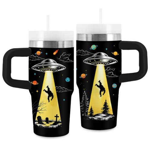 UFO Spaceship Gifts for Kids - 14 oz Tumbler with Handle and Straw, Stainless Steel Insulated Alien Cup, BPA Free Tumblers Birthday Gift for Sci-Fi & Mystery Lover, Outdoor Sports, Travel - color: UFO1
