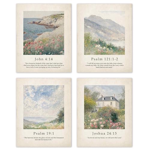 TLESKE Vintage Christian Bible Verse Posters Prints Unframed 8x10 Set of 4, John Psalm Joshua Scripture Landsacape Wall Art Prints Decor for Bedroom Living Room, Religious Wildflower Wall Pictures - color: scripture-4, size: 10L" x 8W"