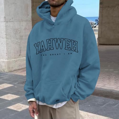 Christian Jesus Hoodies For Men Graphic Yahweh Hoodie Bible Verse God Sweatshirt Religious Faith Cotton Pullover Tops - color: Deep Blue, size: Large