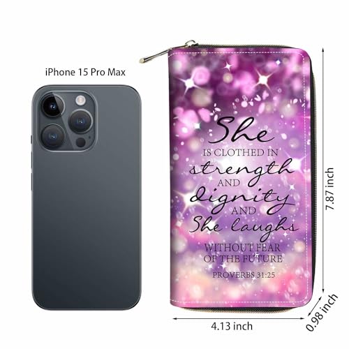 Christian Quote Bible Verse Proverbs 31:25 Print Wallet for Women Large Capacity Wallet Credit Card Holder PU Leather Zipper Clutch Purse Phone Wallet - color: Christian Quote Bible Verse Proverbs 31:25