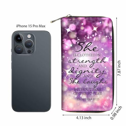 Christian Quote Bible Verse Proverbs 31:25 Print Wallet for Women Large Capacity Wallet Credit Card Holder PU Leather Zipper Clutch Purse Phone Wallet - color: Christian Quote Bible Verse Proverbs 31:25