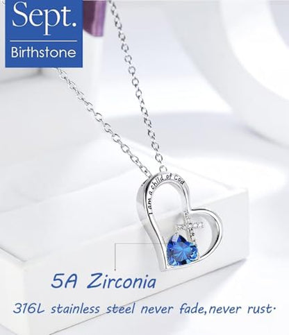Birthstone Cross Necklace for Girls, Child of God Cross Gifts Jewelry - color: 09. September, style: 01. Silver