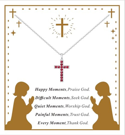 Birthstone Cross Necklace for Women,First Communion Gifts Easter Baptism Cross Jewelry Pendant Gift - color: 07July-Ruby Red
