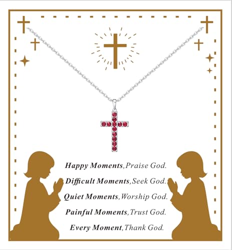 Birthstone Cross Necklace for Women,First Communion Gifts Easter Baptism Cross Jewelry Pendant Gift - color: 07July-Ruby Red