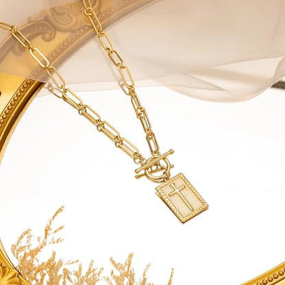 CHESKY Cross Necklace for Women Trendy, Dainty 14K Gold Plated Paperclip Charm Necklace for Womens Chunky Cross Pendant Necklace Gold Jewelry Religious Christian Gifts for Christians - color: Cross-GD