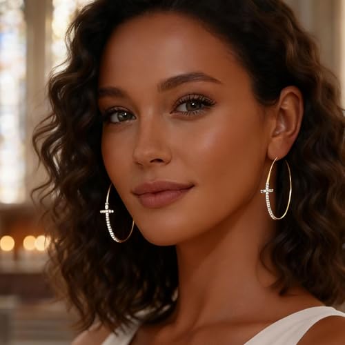 Large Cross Hoop Earrings for Women Sparkly Rhinestone Statement Jewelry for Prom Wedding Party Night Out Accessories Shiny Silver Tone Fashion Dangle Earings - color: Gold