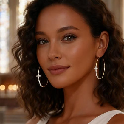 Large Cross Hoop Earrings for Women Sparkly Rhinestone Statement Jewelry for Prom Wedding Party Night Out Accessories Shiny Silver Tone Fashion Dangle Earings - color: Gold