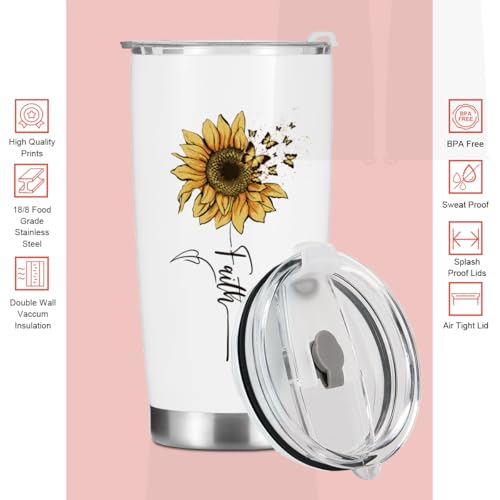 Sunflower Gifts for Women Best Friend Tumbler, Positive Butterfly Christian Gift Birthday Christmas, Faith Religious Gifts Coffee Mug Stainless Steel Vacuum Insulated Double Wall Travel Cup with Lid - color: Sunflower 1227