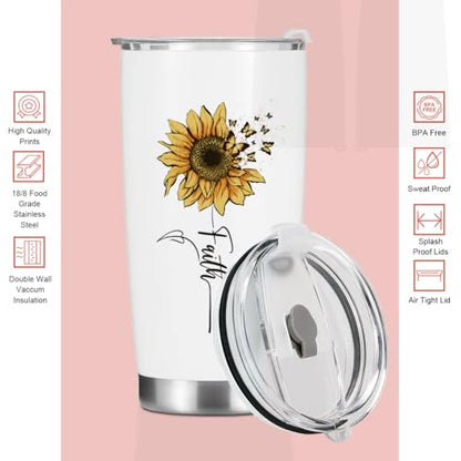 Sunflower Gifts for Women Best Friend Tumbler, Positive Butterfly Christian Gift Birthday Christmas, Faith Religious Gifts Coffee Mug Stainless Steel Vacuum Insulated Double Wall Travel Cup with Lid - color: Sunflower 1227