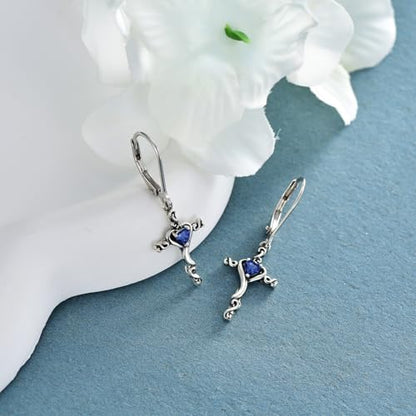 TOUPOP Cross Birthstone Earrings 925 Sterling Silver Heart Cross Dangle Earrings Fine Jewelry Christmas Birthday Gifts for Women Wife Mom Her - color: White Gold-09-September-Sapphire