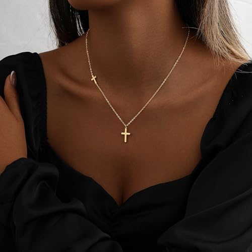 Cross Necklace for Women 14K Gold Silver Plated Small Cross Necklace Dainty Cross Pendant Choker Simple Trendy Cute Sideway Cross Charm Chain Necklaces for Women Trendy Christian Baptism Religious Faith Jewelry Gifts - size: Gold-152