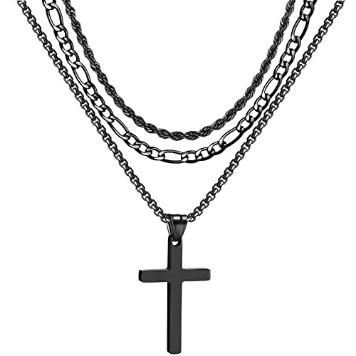 3Pcs Set Cross Necklace for Men, Mens Cross Necklace Cross Chain Layered Stainless Steel Rope Figaro Chains for Women Boys Gold Silver Black (20inch/22inch) - color: Black