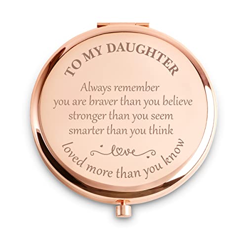 Personalized Gifts for Daughter, Custom Daughter Gifts for Birthday, Engraved Compact Mirror, Mothers Day Basket Stuffers - color: Daughter - Braver,stronger,smarter,loved