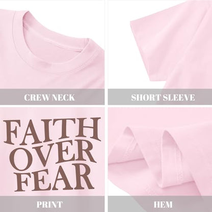 Girls Faith Over Fear Christian Shirts for Kids Jesus God Bible Verse Religious Tshirt Cute Preppy Graphic Tees Tops - color: Pink, size: 9-10 Years
