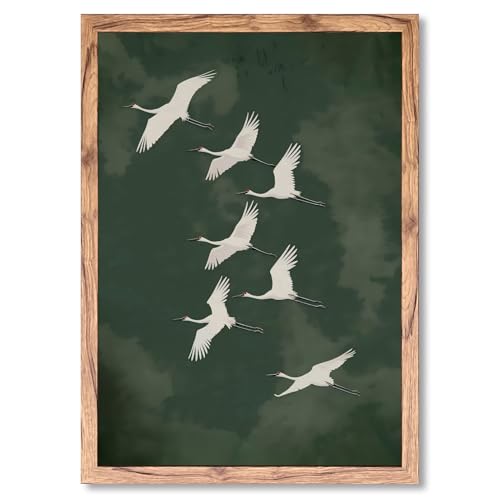 KBBYT Wood Frame Japandi Wall Art Vintage Green Flying Bird Posters Elegant Japanese Cranes Zen Canvas Print Minimalist Wall Decor Painting Asian Decor Pictures for Living Room Bedroom 20x30inch - color: style-3 Wood Framed, size: 20"L x 30"W