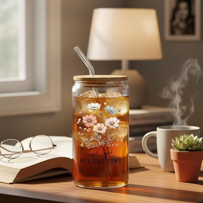 IWXYI Floral Christian Glass Cup with Lids and Straws 14oz, Christian Gifts for Women, God Is Good All the Time Bible Verse Religious Iced Coffee Tea Drinking Glasses with Cleaning Brush - color: Floral Christian