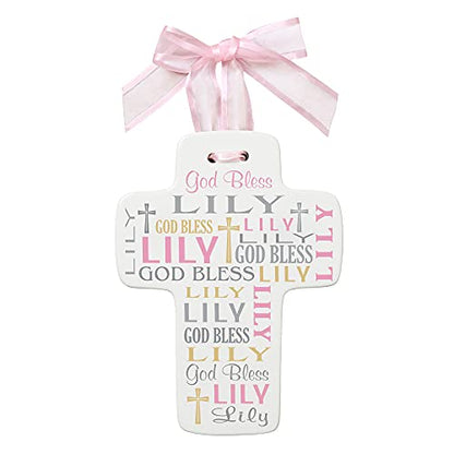 Let's Make Memories Personalized Newborn Cross - Religious Keepsake - Hanging Cross - Pink - Customize with Name - 8.25” x 10.5” - color: Pink