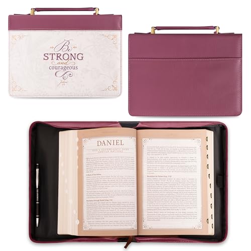 Christian Art Gifts Plum Pink Fashion Bible Cover for Women: Be Strong & Courageous - Joshua 1:9 Inspirational Scripture, Vegan Leather Book Carry Case w/Sleeves, Zipper, Pocket & Pen Storage, Medium - color: Pink/Strong & Courageous, size: Medium