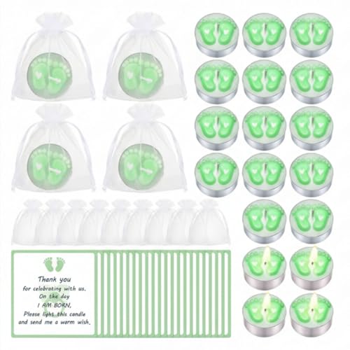 Treela 20 Sets Baby Shower Favor Green Tea Light Candles Organza Bag Cards - color: Green