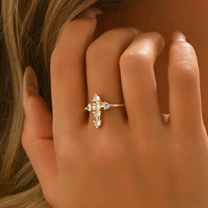 18K Gold Plated Cubic Zirconia Adjustable Open Rings for Women - color: Cross CZ