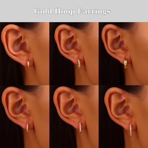 18K Gold Plated Hoop Earrings for Women, NICKEL-FREE & HYPOALLERGENIC, Timeless Jewelry Gift - color: Gold-6pcsD