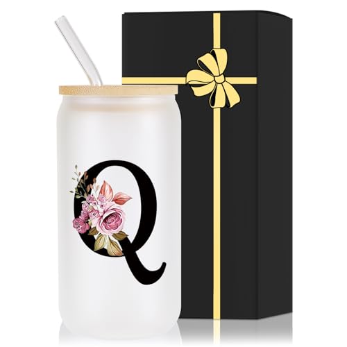 Monogrammed Glass Drinking Cup With Lid Straw New Mom Dad after Birth First Gifts Time Mama Parents Announcement Nurse Newborn Pregnancy Wife Maternity Expecting Gender Neutral Cool Funny Present,Q - style: Letter Q